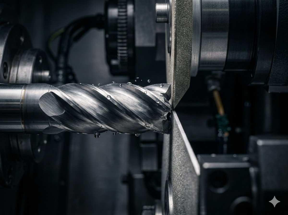 Close-up of a cutting tool beside a grinding wheel